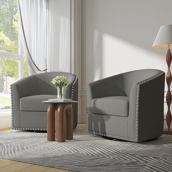 UIXE 360° Swivel Barrel Accent Chair Set of 2, Modern Upholstered Arm Chair Round Club Armchair, Nailhead Trim Single Sofa Seating in Fabric for Living Room - Light Gray