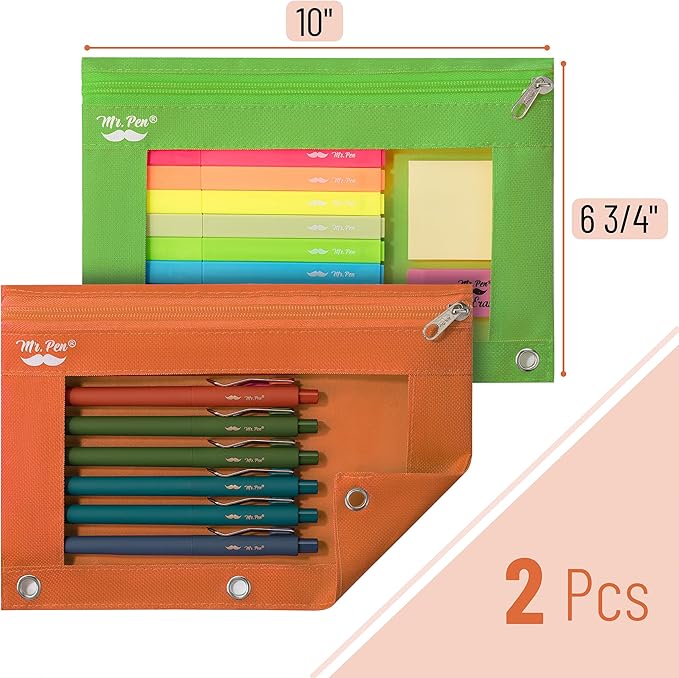 Mr. Pen- 2 Pack Pencil Pouch - Green and Orange Flat Zipper Pouch for 3 Ring Binder