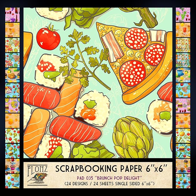 FLONZ Scrapbook Paper (24 sheets 6"x6") Brunch Pop Delight ~ Bright pop-art style food illustrations using bold outlines and digital painting with a cheerful cartoonish rendering technique