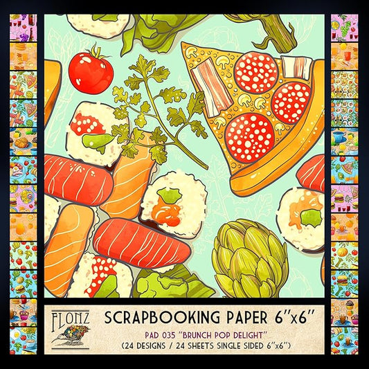 FLONZ Scrapbook Paper (24 sheets 6"x6") Brunch Pop Delight ~ Bright pop-art style food illustrations using bold outlines and digital painting with a cheerful cartoonish rendering technique