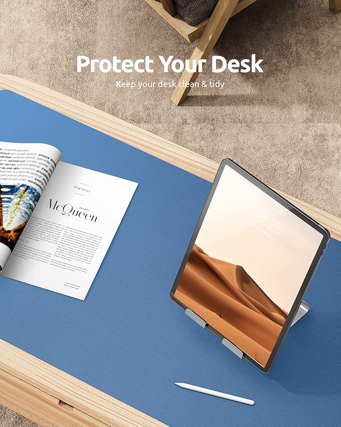 YSAGi Leather Desk Protector, Office Mat, Large Mouse Mat, Non-Slip PU Leather Blotter, Laptop Desk Pad, Waterproof Writing Pad for Office and Home (Sea Blue, 23.6" x 13.8")