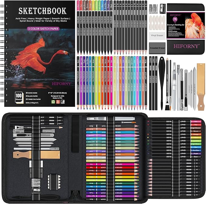 HIFORNY 176 PCS Art Supplies Drawing Set Sketching Kit with 100 Sheets 3-Color Sketchbook,Graphite Colored Charcoal Watercolor & Metallic Pencils,Blending Tools and More, for Beginner Artists