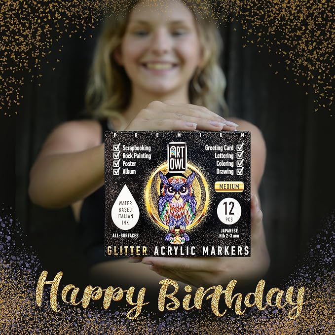 Acrylic Glitter Paint Marker Pens, Medium Pens for Rock Painting, Stone, Ceramic, Glass, Wood, Fabric, Card Making, Canvas, DIY Crafts - Set of 12 Sparkle Paint Markers