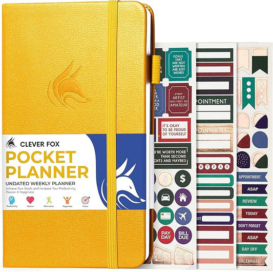 Clever Fox Pocket Planner Weekly – Undated Monthly Goal Planner and Calendar, Mini Planner Perfect for Purse, 3.7x6.7" (Amber Yellow)