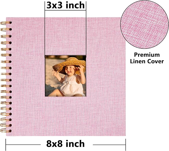 Vienrose 8x8 Inch Scrapbook DIY Small Hardcover Kraft White Pages Scrapbook Photo Album Linen Cover Scrap Book Photo Albums Scrapbooking Supplies Kit for Couple Family Wedding Travel Pink