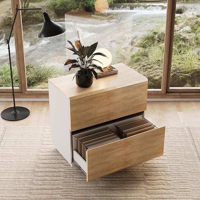 2 Drawer Lateral File Cabinet, 31W*28H Wood Filing Cabinet with Anti-tilt Mechanism, Home Office Storage Filing for Letter, A4 & Legal Size, Light Walnut