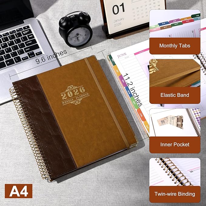 2026 Planner, Weekly and Monthly Calendar Planner Book,Dec 2025 - Dec 2026, Leather Hardcover Spiral Planner with Monthly Tabs, Notes Pages, Perfect for Women & Men, A4 (9.6" x 11.2") - Brown