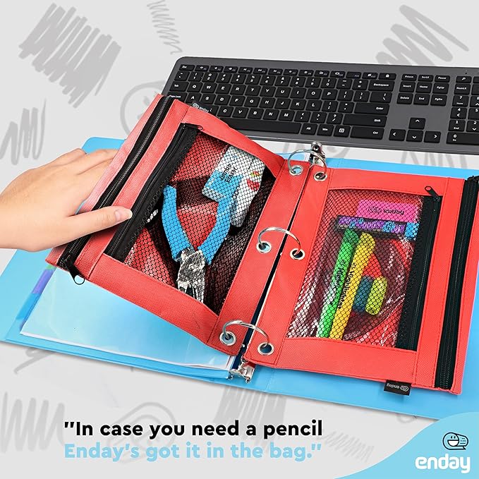 Enday Red Pencil Pouch For 3 Ring Binder, Zippered Binder Pencil Pouches, 3 Ring Pencil Pouch for Binder, Pencil Case for Binder, Large Pencil Bags for School, Home, and Office