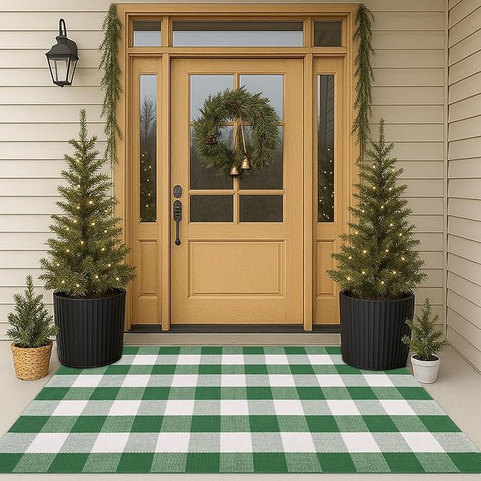 Christmas Green & White Plaid Rug - 3' x 5' Outdoor Front Door Decor Mat Cotton Washable Hand-Woven Rug Christmas New Year Holiday Porch Entryway Layered Doormat