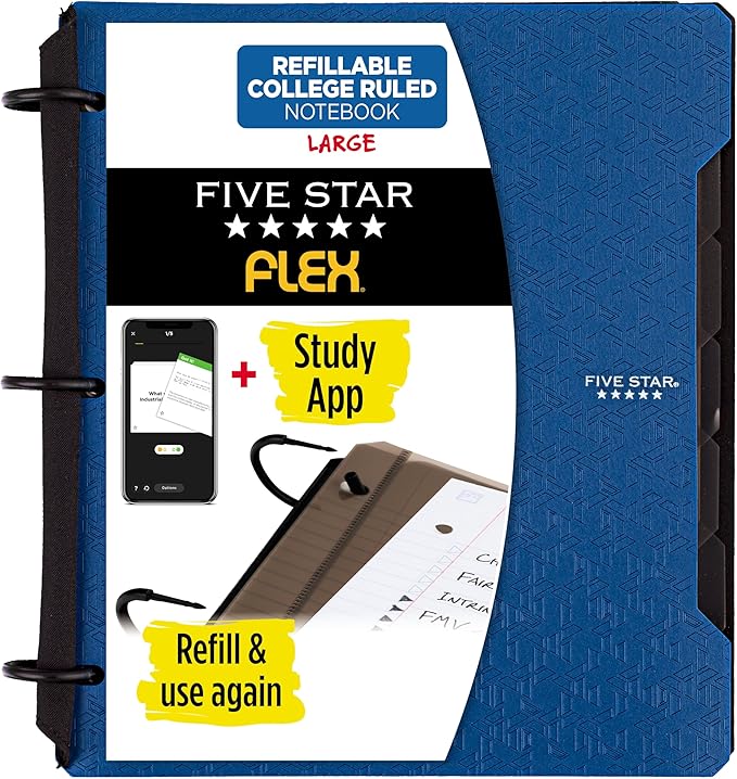 Five Star Flex Refillable Notebook + Study App, College Ruled Paper and 1 Inch TechLock Ring Binder with Pockets, Tabs and Dividers, 200 Sheet Capacity, Pacific Blue (293280AD2)