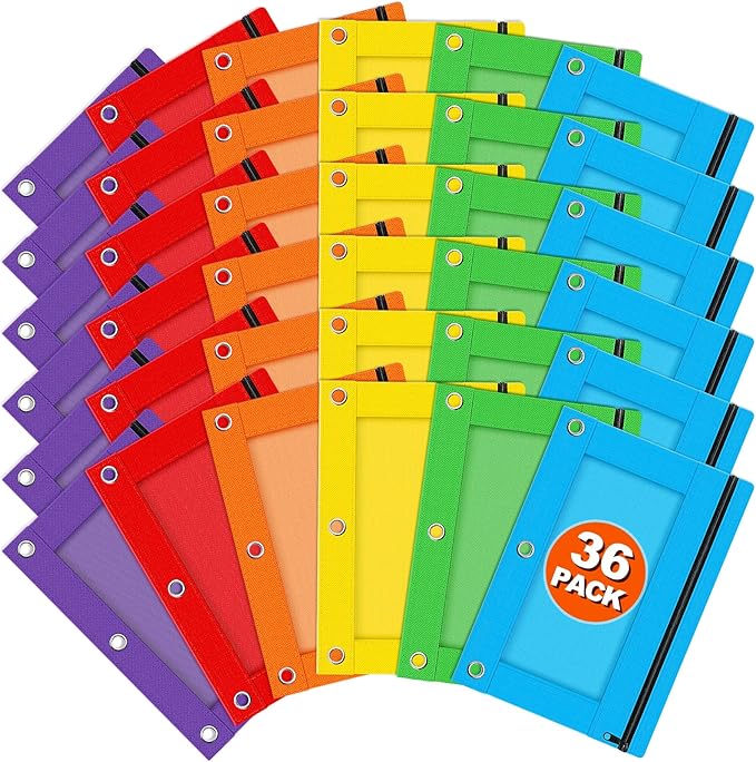 Officygnet 3 Ring Pencil Pouch, 36 Packs Bulk Zipper Pencil Case in 6 Colors, Pencil Pouches with Clear Window for Storing School Office Supplies, Cloth Pencil Bag for 3 Hole Binder