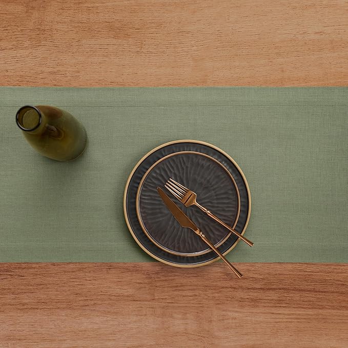 Solino Home Linen Oil Green Table Runner 144 Inches Long - 100% Pure Linen Extra Long Table Runner 14 x 144 Inch for Fall, Autumn, Thanksgiving - Fete