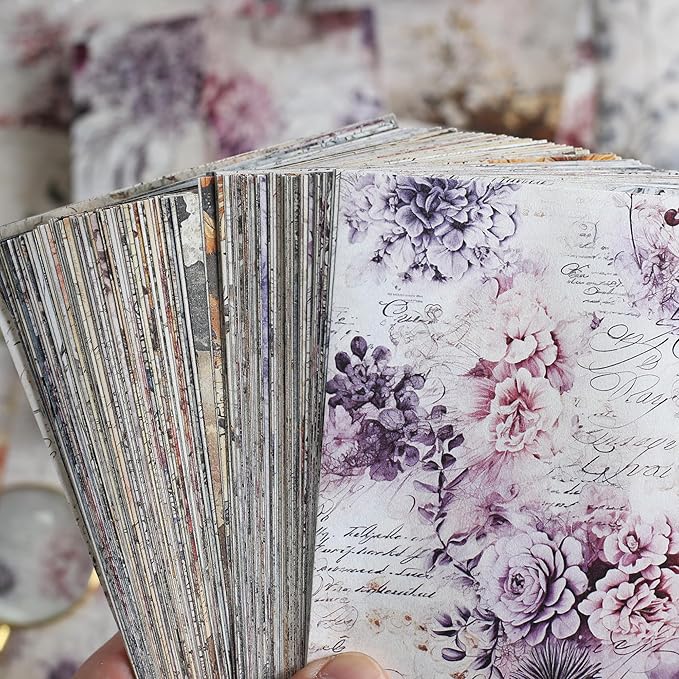 160 Sheets Vintage Flower Scrapbook Paper Purple Pink Flowers with Cursive Script No Repeating Patterns Perfect for Junk Journal DIY Cards Craft Albums Scrapbooking Supplies (Purple, 3.9 x 5.5 inches)