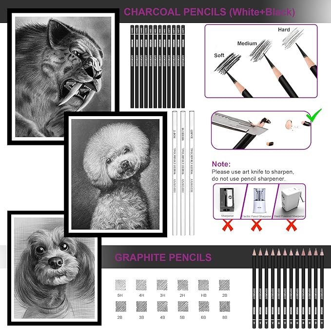 HIFORNY 136 PCS Drawing & Sketching Set,Pro Art Supplies with Graphite,Charcoal,Colored,Watercolor,Metallic Pencils,Blending Tools,Sketchbook,Watercolor Book and Coloring Book in Zipper Case (Black)