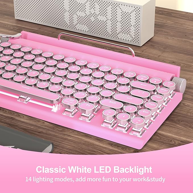 Retro Typewriter Wireless Mechanical Gaming Keyboard, Bluetooth 5.0 Office Computer Vintage Keyboards 83-Key Blue Switches Punk Round Keycap, LED Backlight, Compatible with PC/Laptop/Pad/Phone, Pink