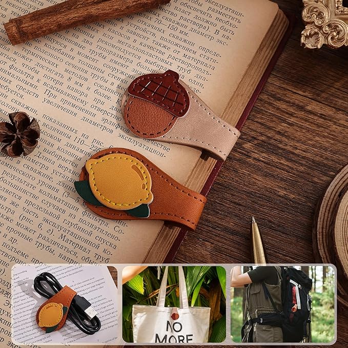 2PCS Vintage Magnetic Leather Bookmark, Leather Magnetic Bookmarks for Women, Magnetic PU Bookmarks Clip Book Accessories, Lemon & Acorn