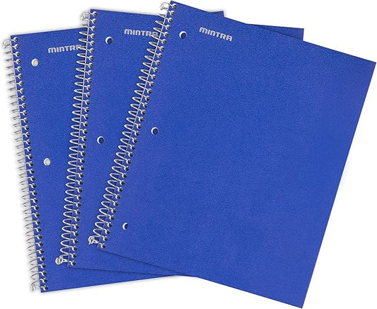Mintra Office Durable Spiral Notebooks, 1 Subject, (Blue, College Ruled 3 Pack), 100 Sheets, Poly Pocket, Moisture Resistant Cover, Strong Chipboard back, For School, Office, Business,