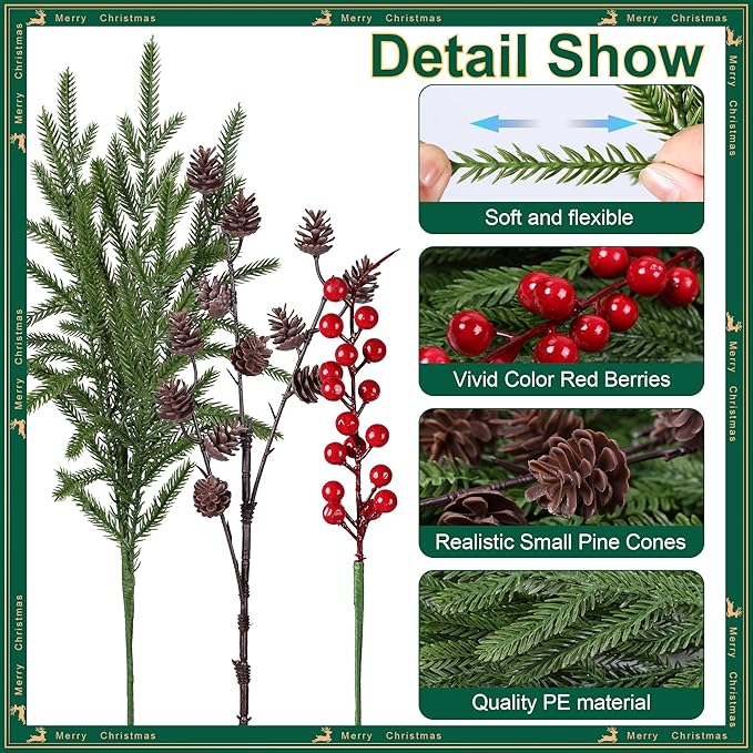 Artificial Christmas Norfolk Pine Stems Branches for Vases,17 Bundles Faux Pine Branches with Pinecones and Red Berries Branches,Fake Greenery Evergreen Real Touch for Holiday Winter Table Xmas Décor