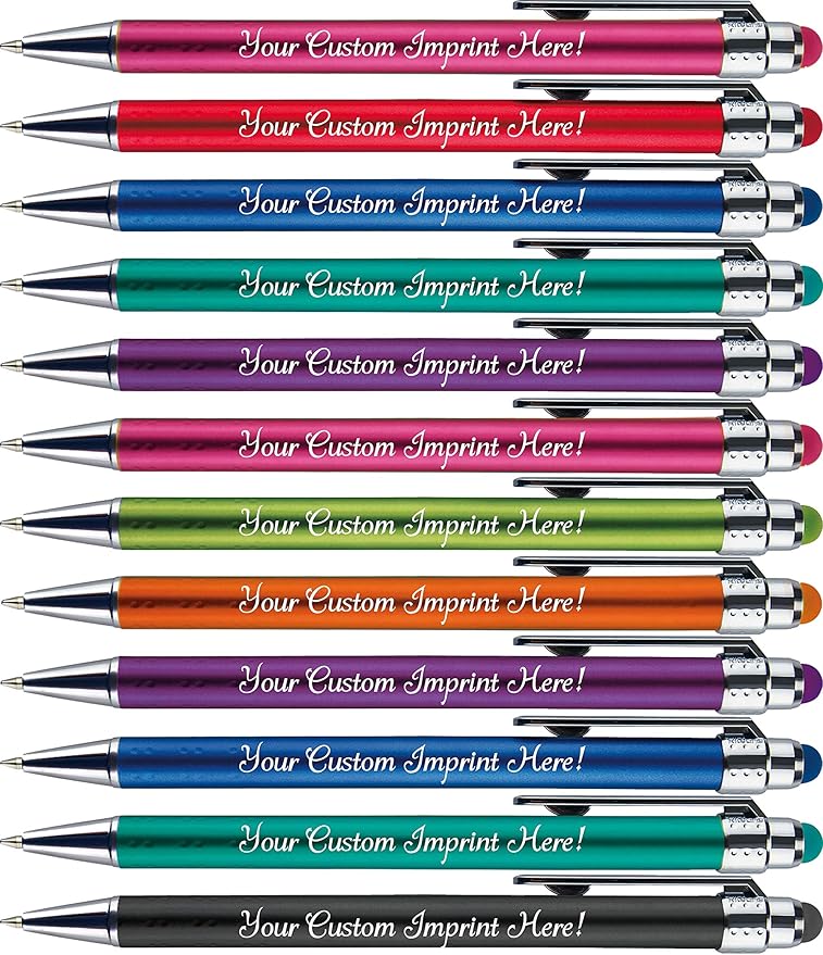 Personalized Pens with Stylus Tip -Bright Vibes- Click action - Custom - Black writing - Printed Name pens - Imprinted with Your Logo or Message - FREE PERSONALIZATION - 12 Pens/Box (Green)