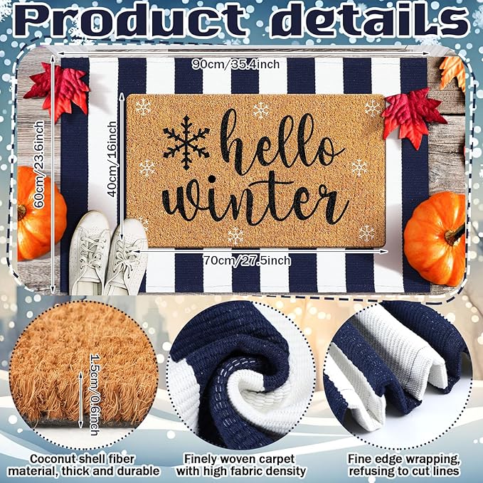 2 Pcs Hello Winter Door Mat Outdoor Snowflake Nature Coir Welcome Outdoor Rug Dark Blue White Stripe Winter Front Door Rugs Non Slip Floor Mats for Indoor Entrance Porch Decor