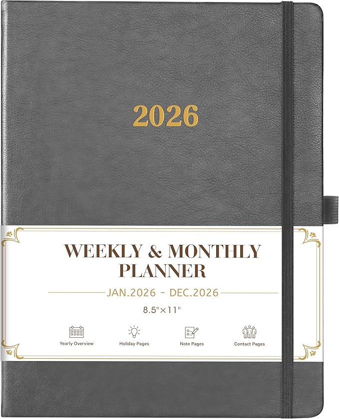 2026 Planner - Weekly and Monthly Planner 2026, 8.5"x11", Jan.2026 - Dec.2026, Leather Hardcover, 12 Monthly Tabs, Pen Loop, Elastic Closure, Pocket, Grey