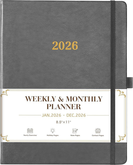 2026 Planner - Weekly and Monthly Planner 2026, 8.5"x11", Jan.2026 - Dec.2026, Leather Hardcover, 12 Monthly Tabs, Pen Loop, Elastic Closure, Pocket, Grey
