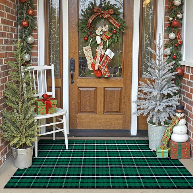 OJIA Washable Outdoor Rug 3'x5', Christmas Door Mats Outdoor Area Rug Green Plaid Rug Entryway Rugs Indoor Door Mat Front Porch Rug Cotton Floor Carpet for Entry/Patio/Bedroom/Living Room/Home Decor