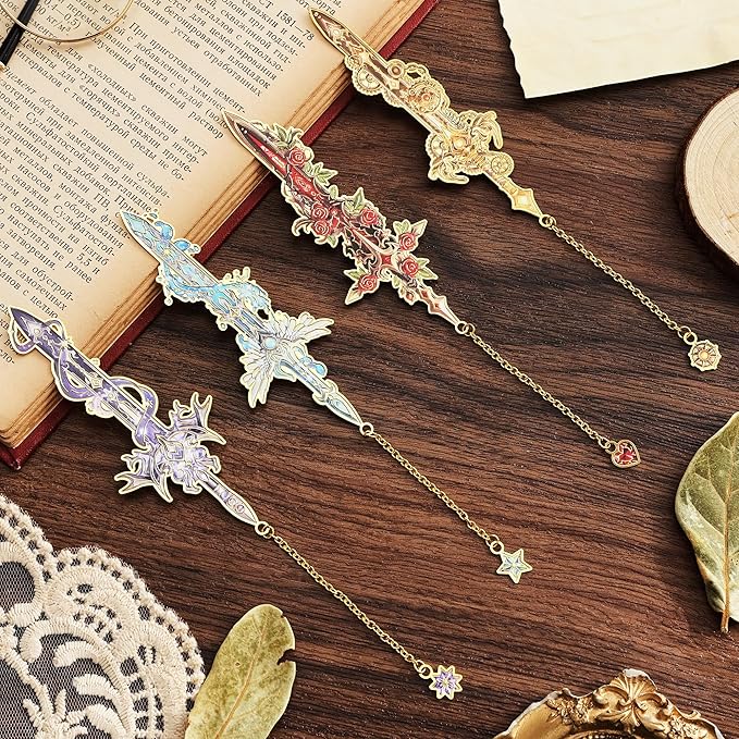 4Pcs Fantasy Sword Bookmarks for Books Journals Planners, Cool Forth Wing Metal Book Marker for Reading Women Men, Unique Book Marks Gifts for Book Lovers, Reading Accessories for Students Adults Kids