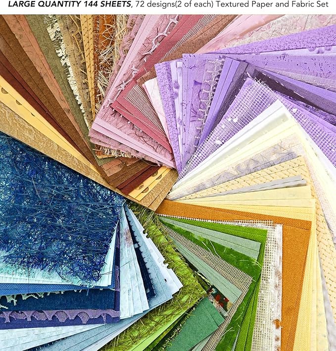 144 Sheets Textured Scrapbook Paper and Mesh Fabric Set - 6 Pack Assorted Mixed Special Paper for Scrapbooking Planner Bullet Junk Journal Supplies Media Collage Card Embellishments 3.9x5.5 Inch