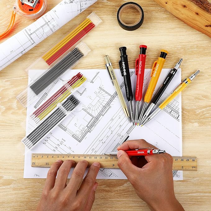 6 Pack Carpenter Pencil with Sharpener, Mechanical Carpenter Pencils with 36 Refills, Heavy Duty Construction Pencil Woodworking Tools for Architect Marking