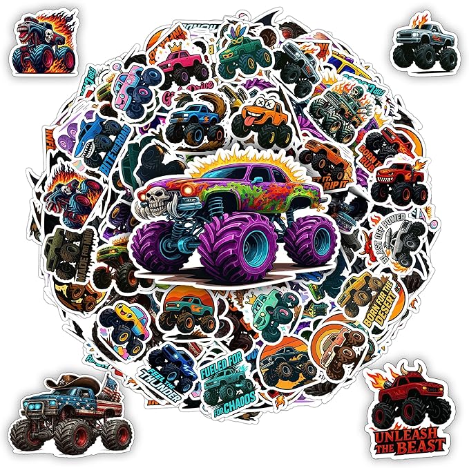100 PCS Monster Truck Stickers Pack, Car Colorful Vinyl Waterproof Off Road Truck Decals for Kids Teens Adults Boys Girls, Gift for Laptop Water Bottle Helmet Scrapbook
