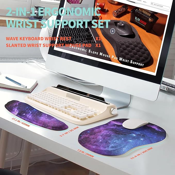 2-in-1 Ergonomic Set, Wave Rise Keyboard Wrist Rest and Massage Bulge Slope Mouse Pad Wrist Support, Cushion Memory Foam Integrated to Relieve Wrist Pain, Galaxy
