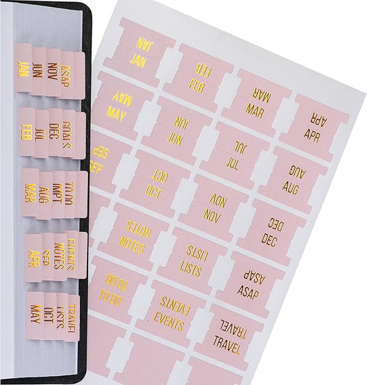 DiverseBee Gold Foil Planner 24 Peel and Stick Laminated Tabs for Notebooks, Calendar Tab Stickers and Monthly Dividers (Seasalt)