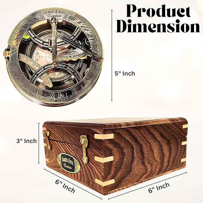 Brass Sundial - 5 inches Large Sundial Compass in Rosewood Case Top Grade Calibrated Vintage Gift
