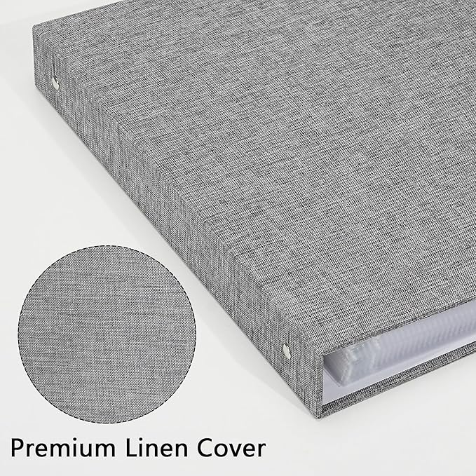 Vienrose 12x12 Inch Scrapbook 3 Ring Binder Photo Album, Linen Cover DIY Scrapbooks with 30 Sheets Plastic Sleeves and 60 Pages Scrap book White Inner Pages for Wedding Baby Travel Grey