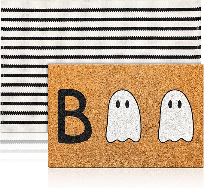 2 Pcs Halloween Welcome Door Mat Ghost Outdoor Welcome Mats for Front Door Non Slip Cute Ghost Coir Floor Mat Black White Stripe Halloween Rug for Outside Front Porch Entryway Decor