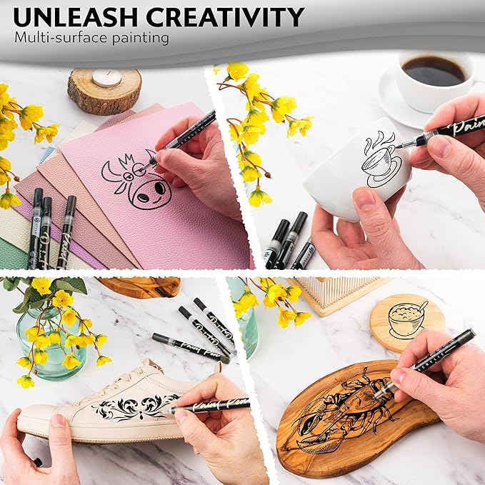 Stylo 8 Count Acrylic Metallic Pens - Black Paint Pens - Fine Tip Permanent Acrylic Metallic Paint Markers for Rock Painting, Glass, Wood, Ideal for Arts and Crafts (Pack of 8, Black)