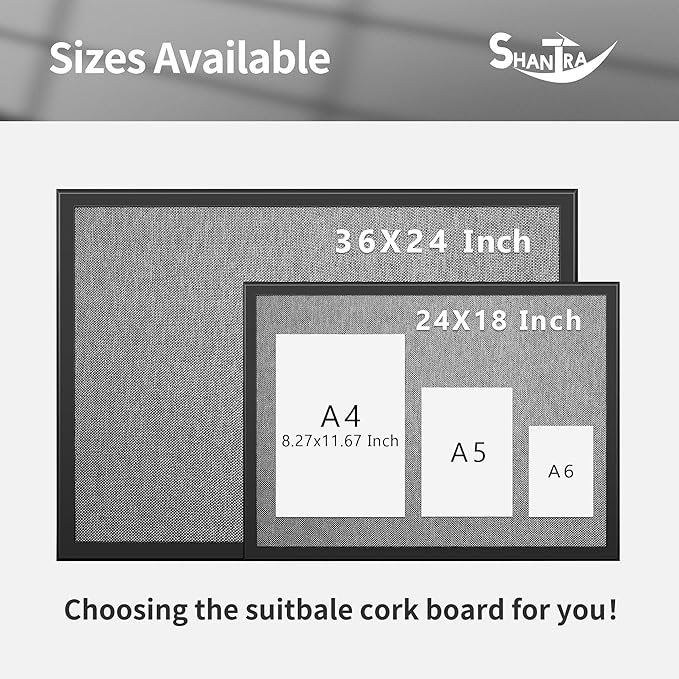 SHANTRA 36 x 24 Inch Bulletin Board with Grey Fabric, Wood Framed Canvas Cork Board, Corkboard for Walls with 10 Pins, Decorative Vision Board, Wall Mounted Notice Board for Home, Office, School