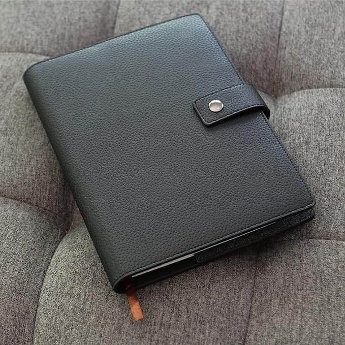 CASE ELEGANCE Full Grain Premium Leather Refillable Journal Cover with A5 Lined Notebook, Pen Loop, Card Slots, Brass Snap (Monogrammed Black)