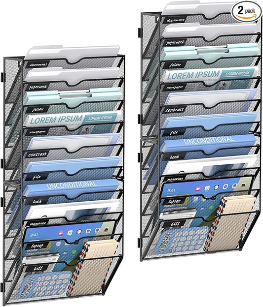 10 Tier Wall Hanging File Organizer, Paper Folder Holder Wall Mounted, Metal Mail Sorter for Office Home School, Black 2 Pack