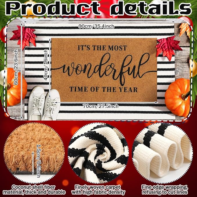 2 Pcs Christmas Coir Welcome Doormat Christmas Rug Outdoor Layered Buffalo Plaid Black and White Mat Stripe Mat for Xmas Front Porch Entryway Outdoor