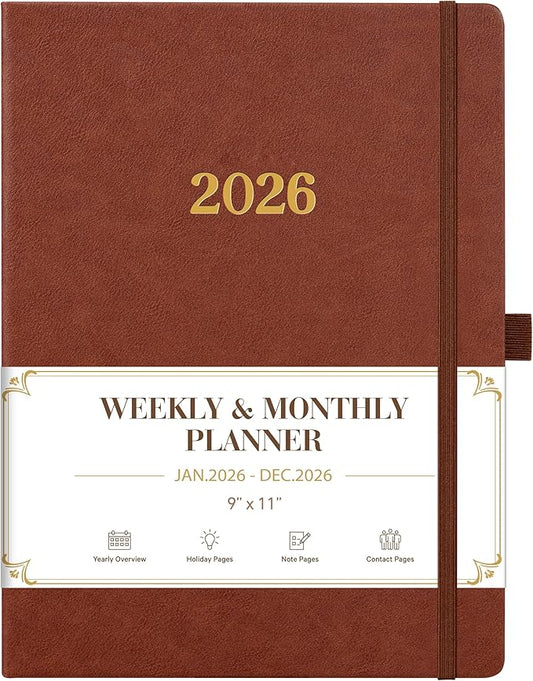 Vondafe 2026 Planner - Weekly and Monthly Planner 2026, Jan.2026 - Dec.2026, 9" x 11", 2026 Calendar Planner with Inner Pocket + Elastic Closure + Pen Loop + Bookmarks, Leather Hardcover - Brown