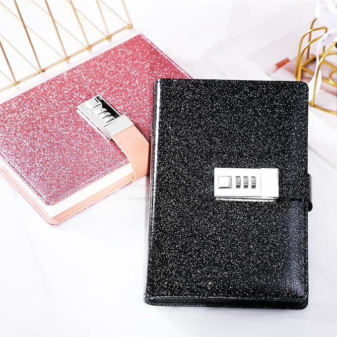 CAGIE Journal with Lock for Women Refillable Lock Journal for Men with 224 Pages Glitter Black Diary with Lock for Girls, Adults, 5.3 x 7.9 Inches