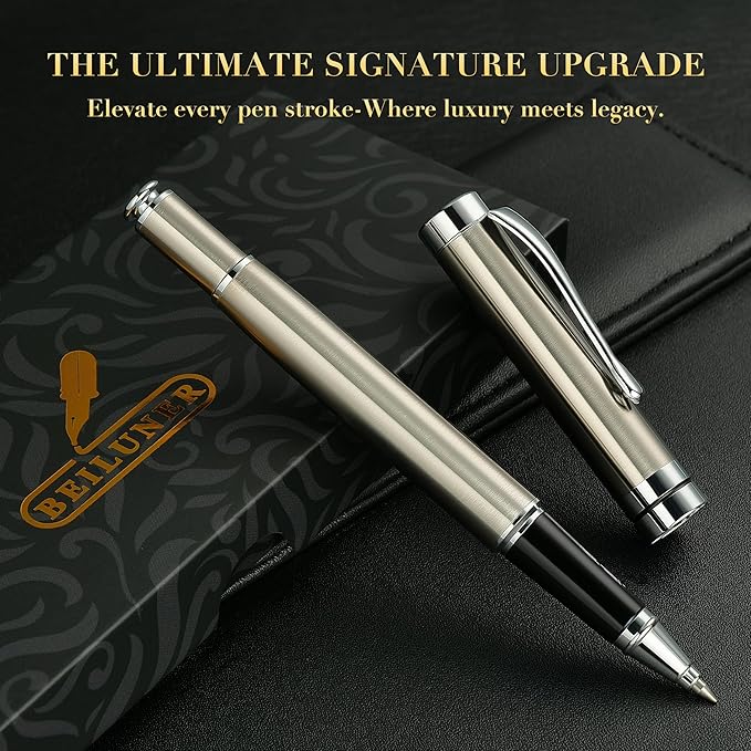BEILUNER Silver Ballpoint Pens, Stainless Steel Body, Smooth Writing Experience, Dishwasher Safe, Gift Box with Extra Refill