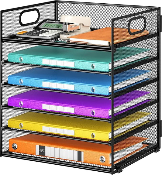6 Tray Paper Organizer Letter Tray with Handle - Mesh Desk File Organizer, Paper Sorter Organizer for Office, Home or School File Folder Holder -Black