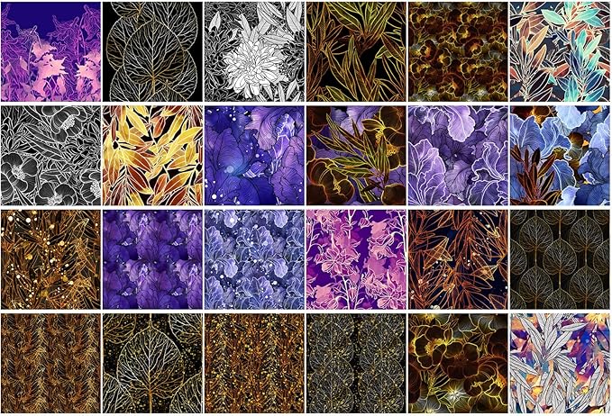 FLONZ Scrapbook Paper (24 sheets 6"x6") Nocturne Leaf Tangle ~ Dark botanical abstractions and glowing outlines in mixed digital techniques with sharp contrast and stylized layered textures