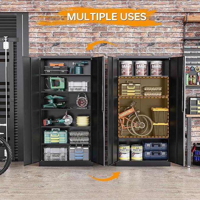 STANI Metal Garage Storage Cabinet with Lock, 71" Steel Lockable File Cabinet, Locking Steel Storage Cabinet with 5 Adjustable Shelves for Home, Office, Warehouse, Garage, School (Black)