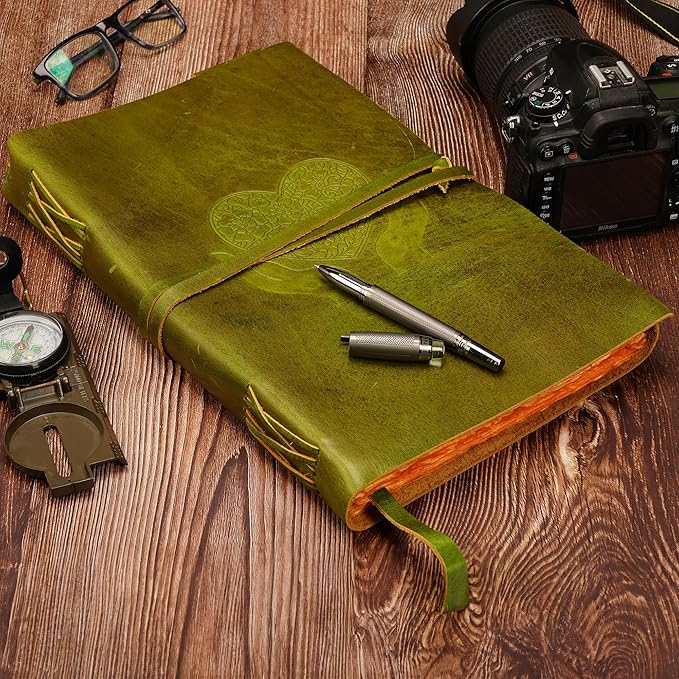 LUXEORIA Heart Journal for Women and Men, Handcrafted Leather Journal for Writing Womens, Sketchbook, Travel Diary with Unlined Deckle Paper, Mint Green 8x13