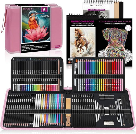 HIFORNY 136 PCS Drawing & Sketching Set,Pro Art Supplies with Graphite,Charcoal,Colored,Watercolor,Metallic Pencils,Blending Tools,Sketchbook,Watercolor Book and Coloring Book in Zipper Case (Pink)