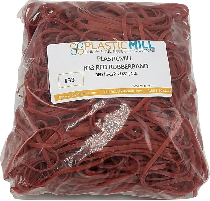PlasticMill Red Rubber Bands Size 33 (3 1/2" x 1/8") - #33 Colored Rubber Bands Office Supplies - Strong, Elastic Bands for Crafts, Balloon Garland, Cash, File Folders (1,000-Pack)